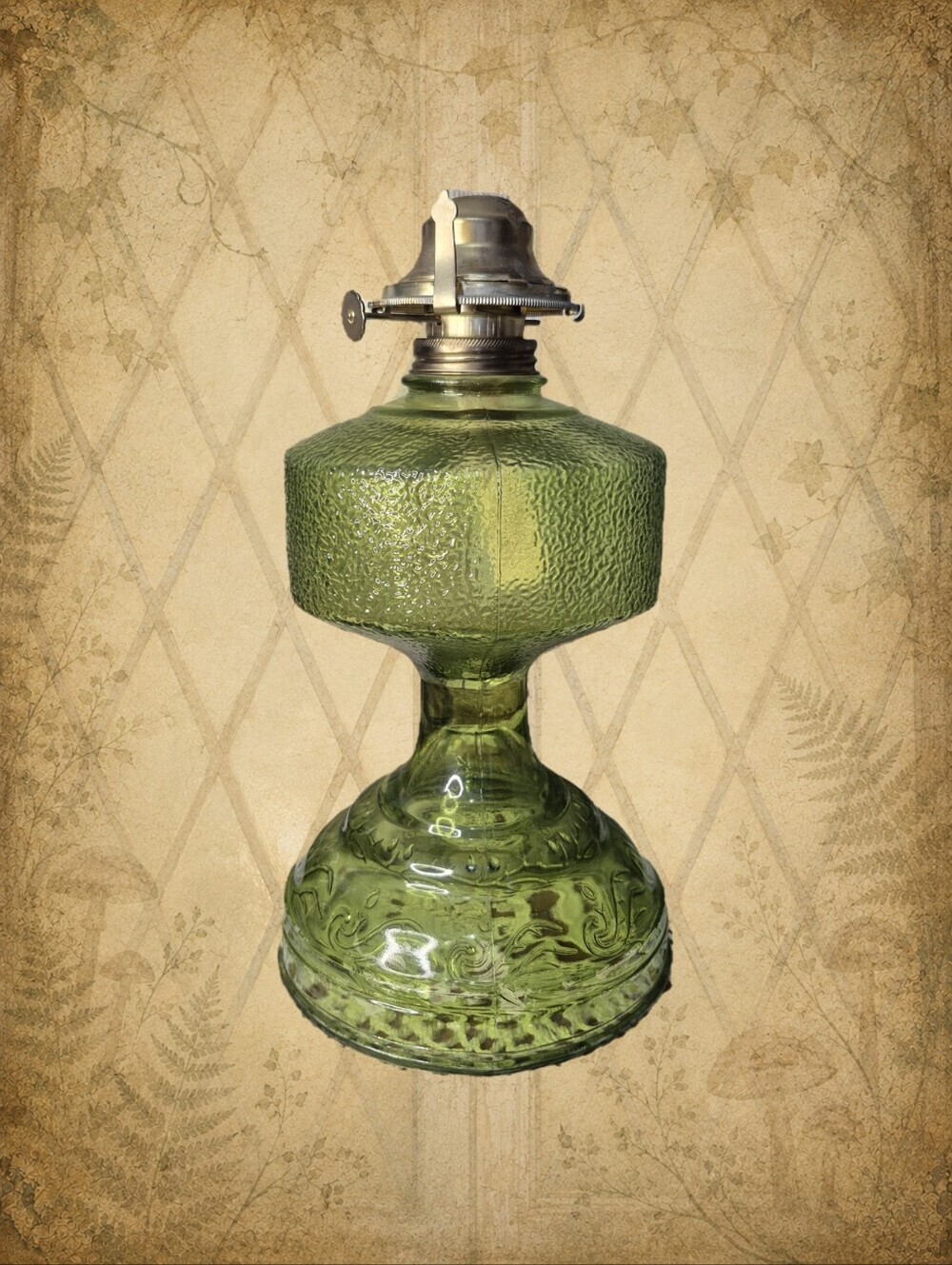 Vintage MCM 20" Olive Green Glass Hurricane Pedestal Oil Lamp